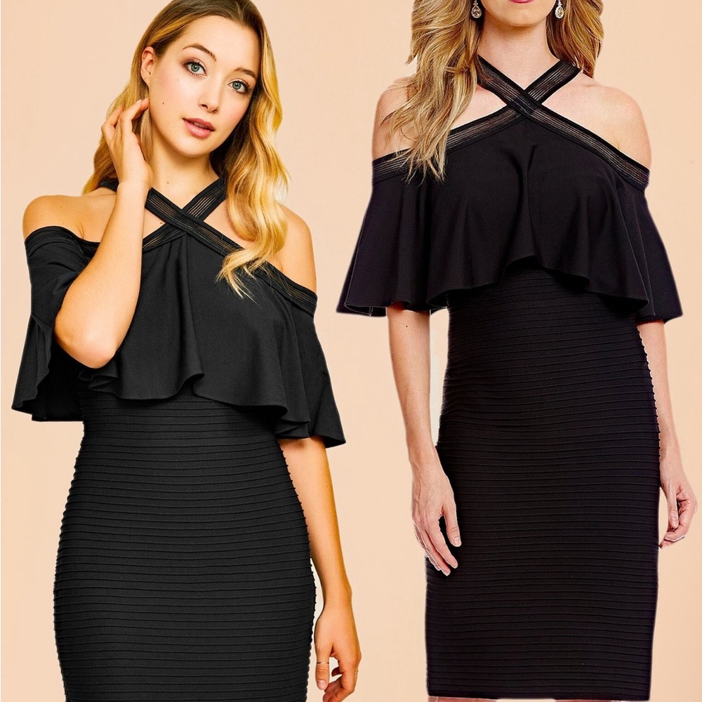 Tadashi Shoji Black Off-Shoulder Crisscross Ruffle Maxi Dress